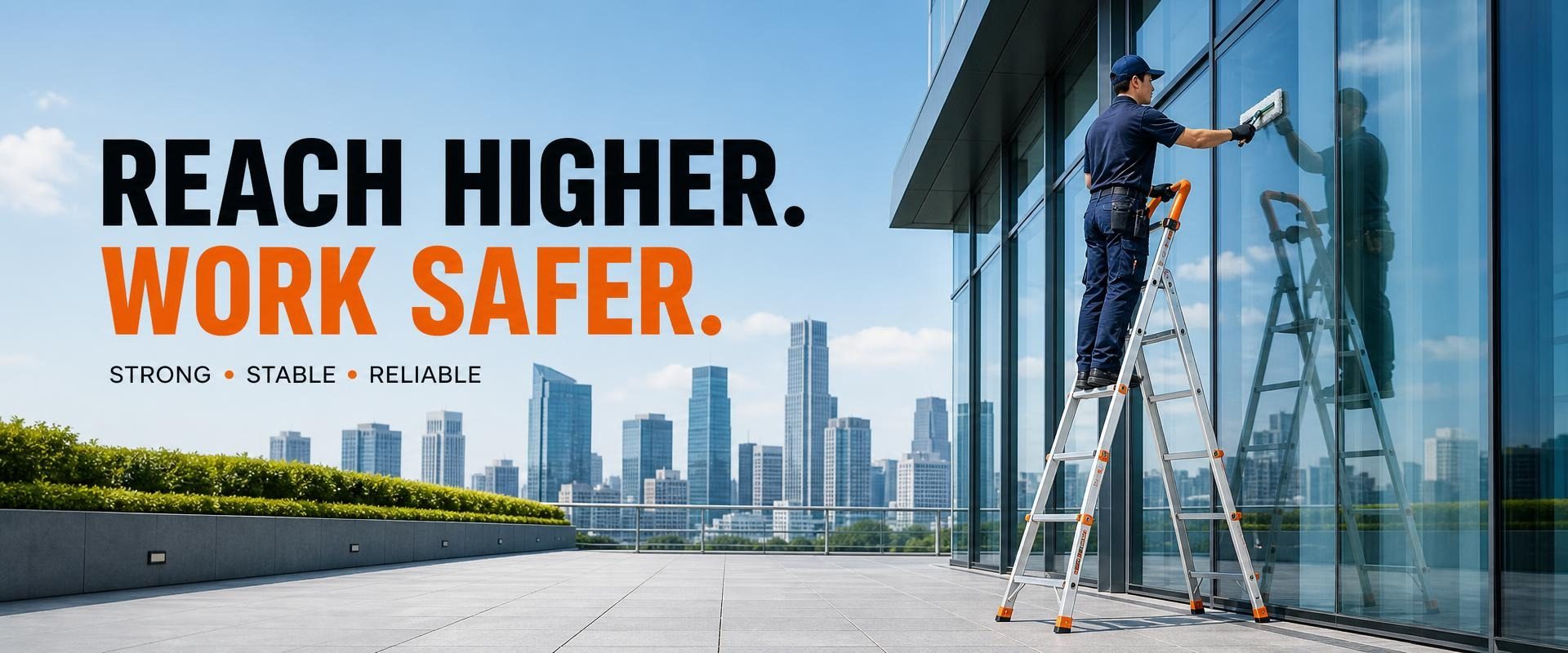 Reach higher, work safer — a Mizu Ladder in use for outdoor window cleaning at height
